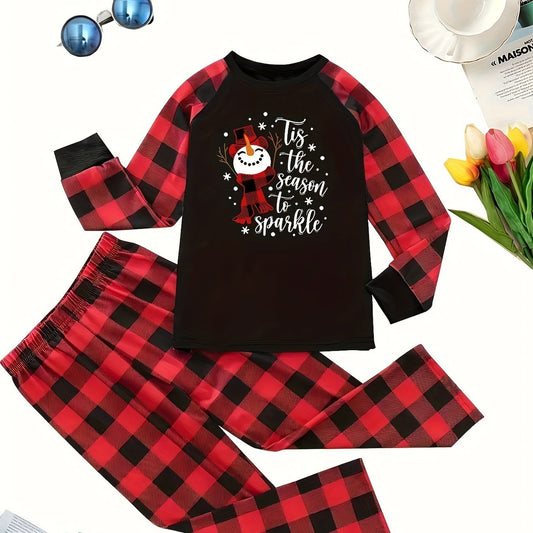Snowman & Slogan Print Lounge Set Tee & Pants Pajamas