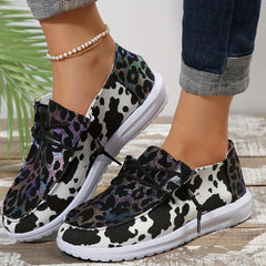 Women's Cow Print Low Walking Shoes Lace up Casual Flats