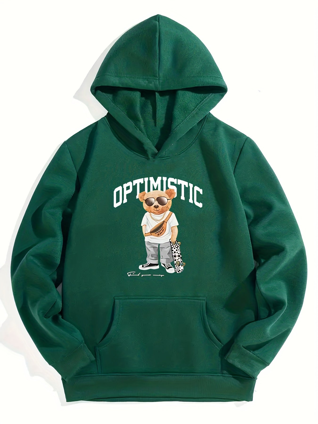 Skateboard Bear & OPTIMISTIC Letter Boys Hooded Sweatshirt