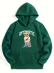 Skateboard Bear & OPTIMISTIC Letter Boys Hooded Sweatshirt