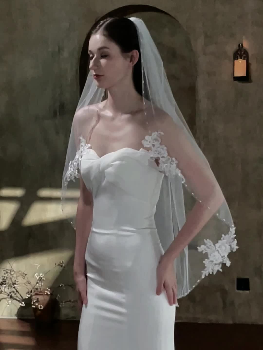 Beaded Wedding Veil 1 Layer Bridal Travel Photography Headdress