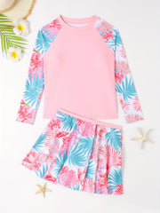 Girls Swimsuit 2pcs Long Sleeve T shirt & Skirts Tropical Floral Print