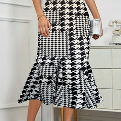 Plaid High Waist Bodycon Skirt Ruffle Trim Skirt