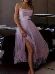 Mesh Lace-Up Backless Maxi Bridesmaid Dress