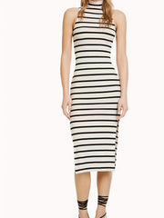 Stripe Print Turtleneck Slit Dress - Sleeveless Dress for Spring & Summer