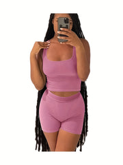 2pcs Sleeveless Crop Top & High Waist Shorts Set for Yoga Workout
