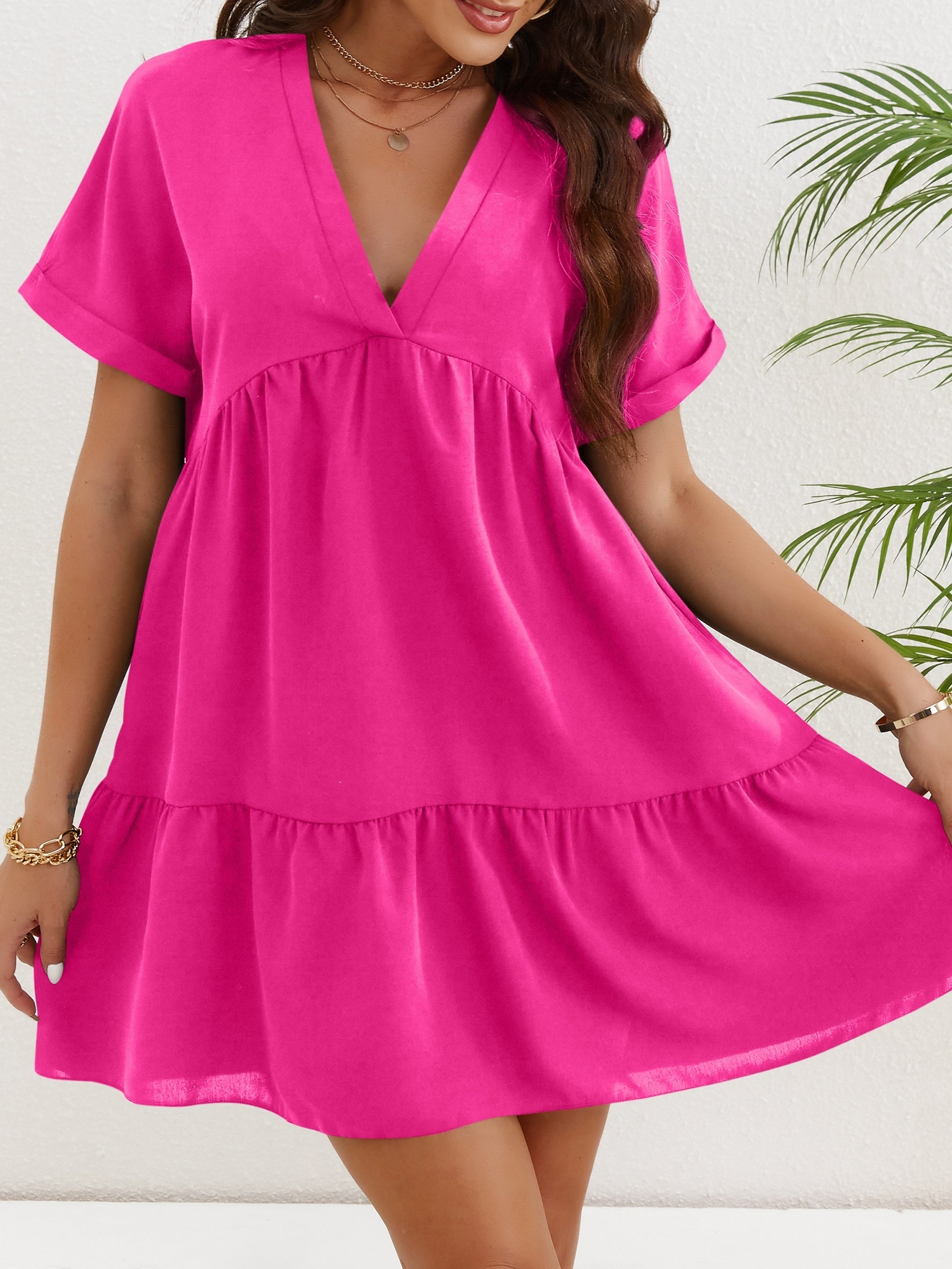 Ruched V Neck Dress Short Sleeve Casual Dress