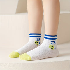 5 Pairs Kids Cartoon Smile Face Boat Socks, Breathable Cotton Short Socks