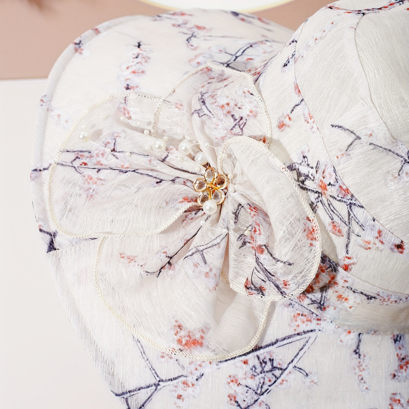 Plum Blossom Print Sun Hat Bow Decor Bucket Hat Wide Brim Travel Beach