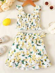 Girls' 2 Piece Outfit Shirred Crop Top & Frilled Mini Skirt Set