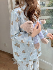 Bear Print Lounge Set Long Sleeve Top & Plaid Pants Women's Loungewear