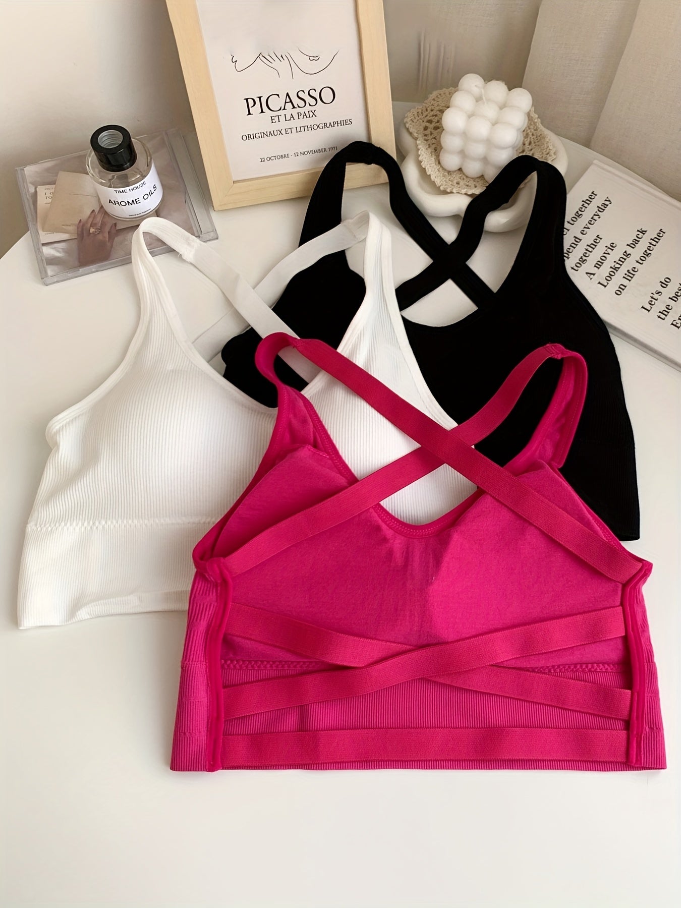3pcs Girl's Ribbed Camisole Underwear with Chest Pad No Steel Ring Bralette