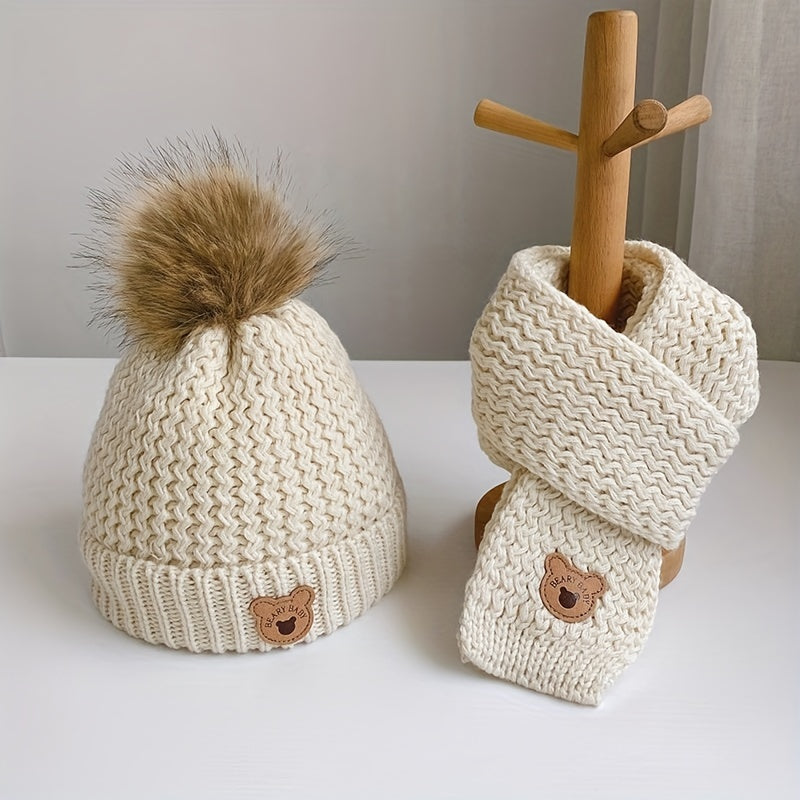 Kids Bear Woolen Hat Scarf Set Winter Warm Plus Velvet
