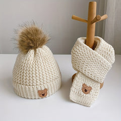 Kids Bear Woolen Hat Scarf Set Winter Warm Plus Velvet