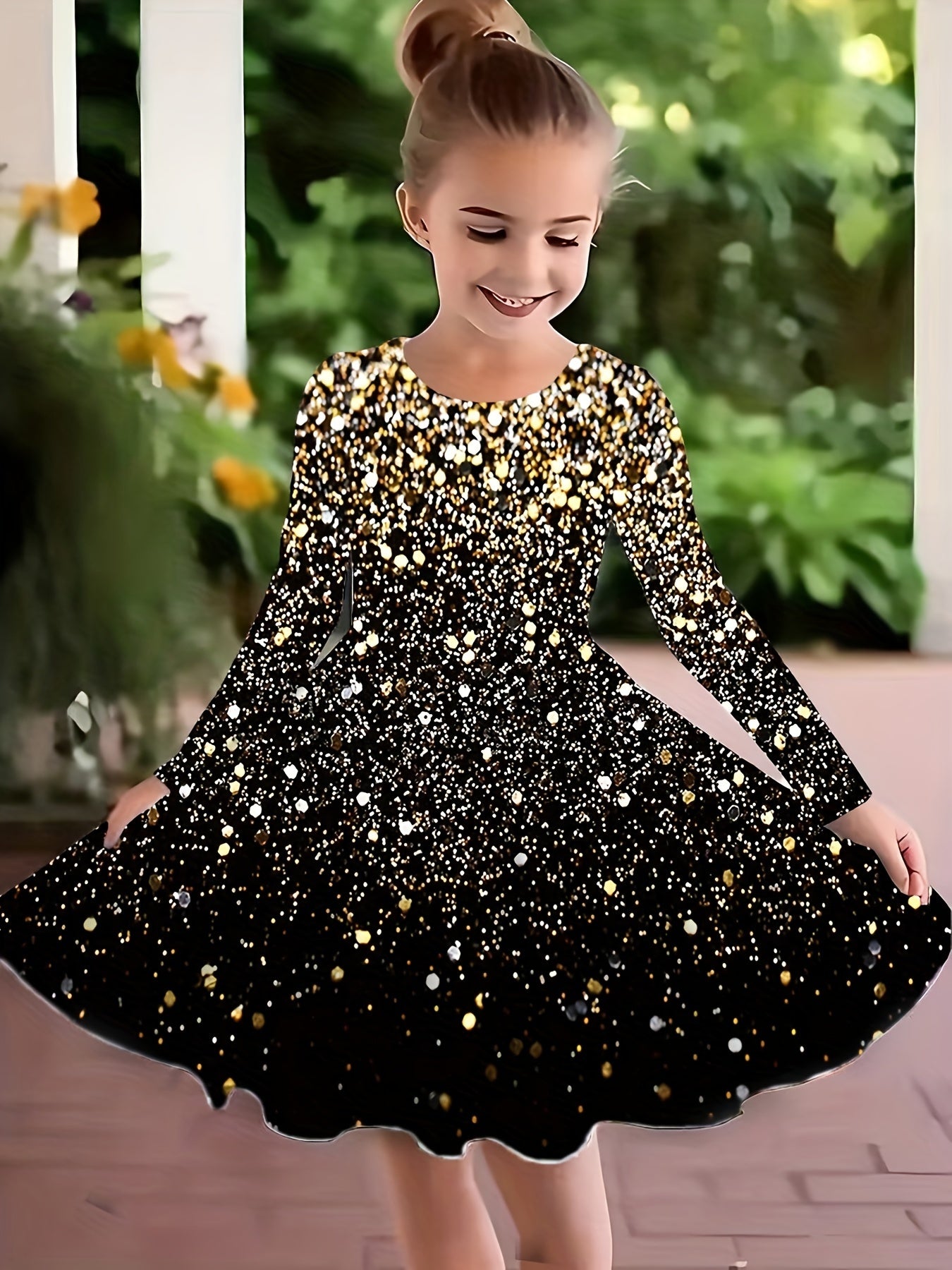 Girls Sequin Graphic Dress Long Sleeve Spring Fall Party Gift
