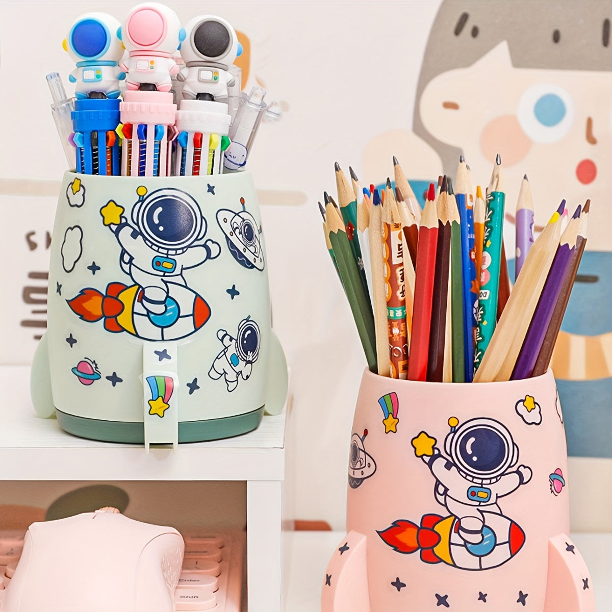 Cartoon Rocket Pen Holder Large Capacity Multifunctional Storage Box