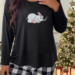 Women's Plus Size Elephant Graphic Long Sleeve Sleepwear Top