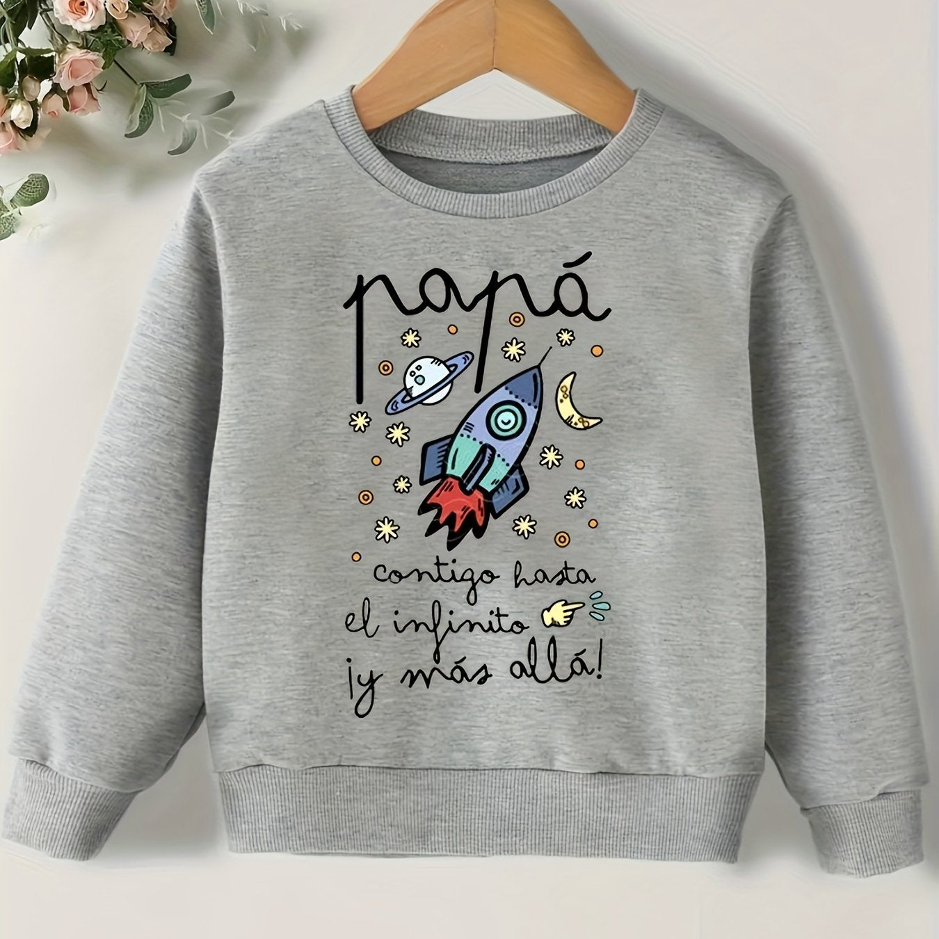 Space Rocket Print Boys Sweatshirt Crew Neck Tops