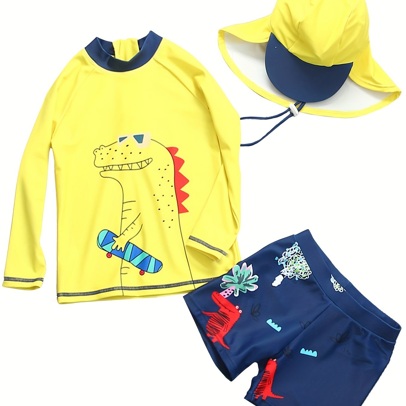 Boys Skateboard Dinosaur Short Sleeve Top & Shorts & Hat Swimsuit Set