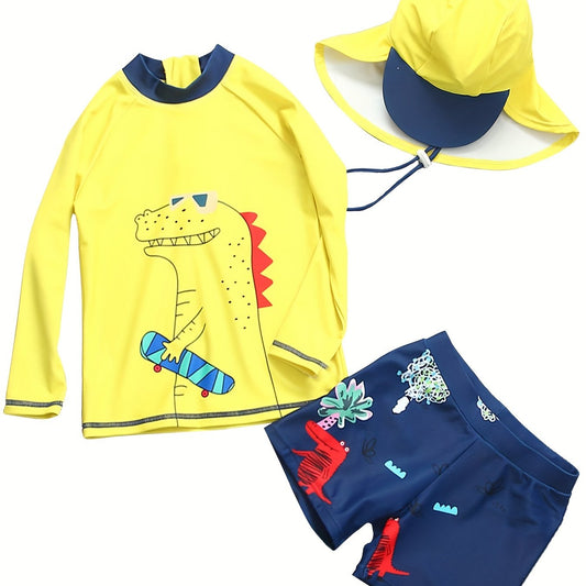 Boys Skateboard Dinosaur Short Sleeve Top & Shorts & Hat Swimsuit Set
