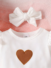 Baby Girls Heart Embroidered Top Trousers Hairband 3pcs Set