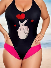 Sexy Swimsuit Women's Plus Gesture Print V Neck Cut Out Halter One Pie