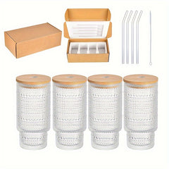 11oz Glass Cup Milk Coffee Cup Wooden Lid Straw Outdoor Fitness Camping Picnic