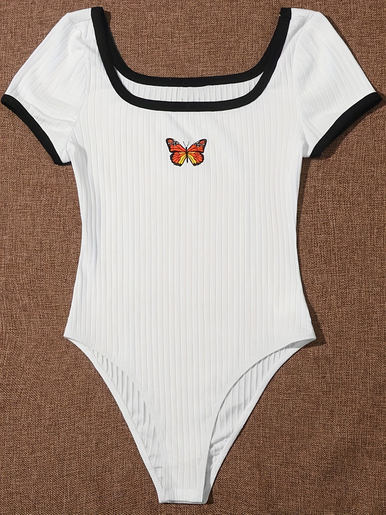 Butterfly Print Bodysuit Contrasting Trim Square Neck One Piece