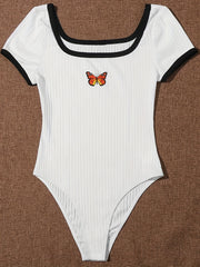 Butterfly Print Bodysuit Contrasting Trim Square Neck One Piece