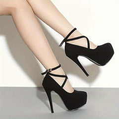 Suede Pattern Platform Stiletto Heels Ankle Strap Buckle Shoes
