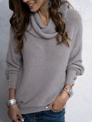 Casual Sweater Women's Plus Solid Button Decor Long Sleeve Turtleneck