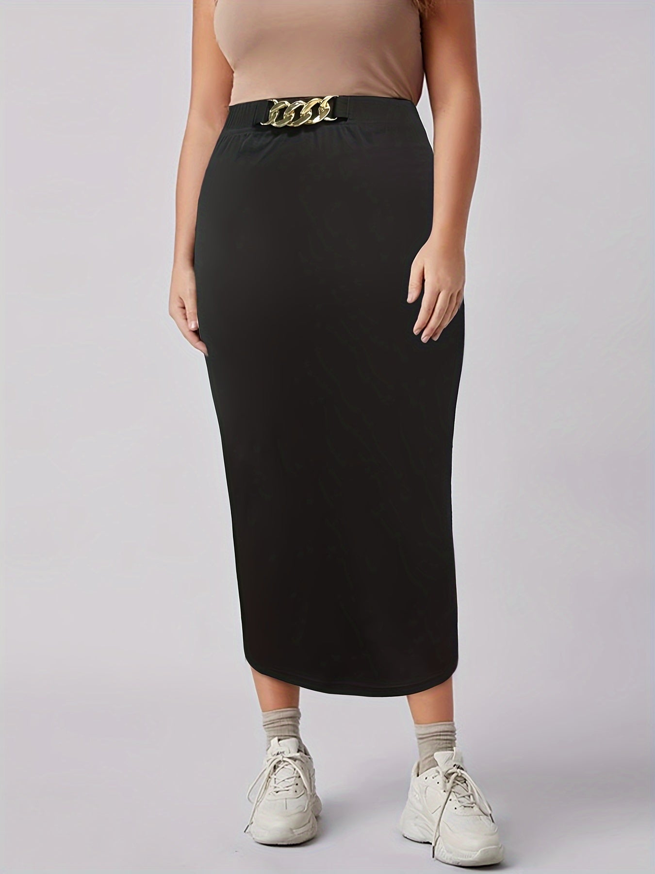 Plus Solid Chain Decor Elastic High Rise Bodycon Midi Skirt