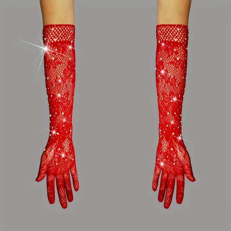 Red Fishnet Gloves with Rhinestone for Wedding Party
