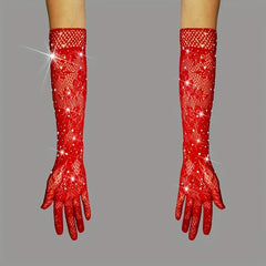 Red Fishnet Gloves with Rhinestone for Wedding Party