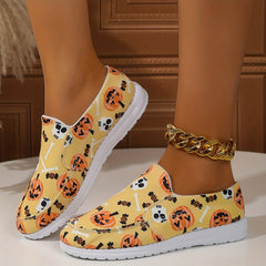Skull & Pumpkin Print Slip-On Sneakers for Women