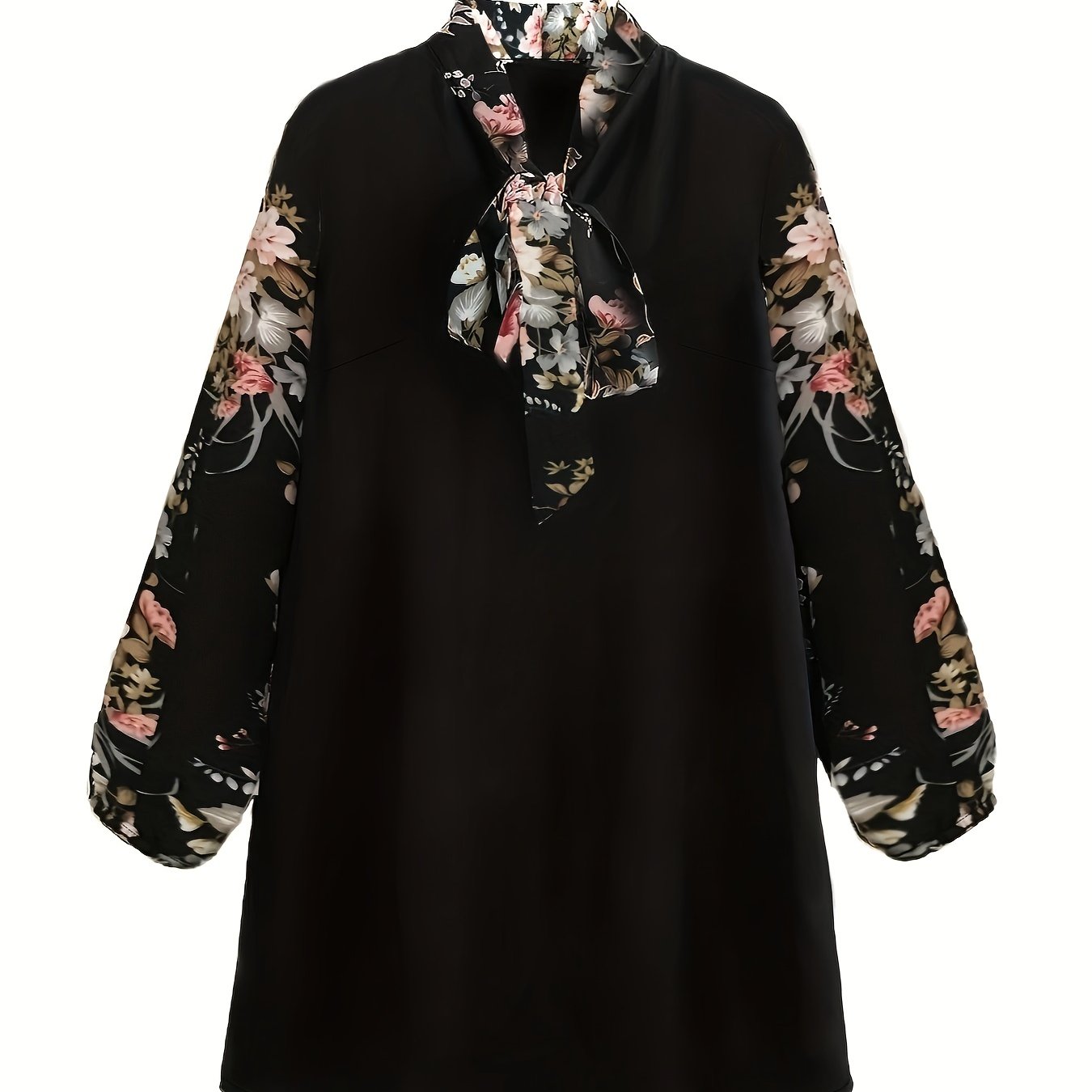 Dress Women's Plus Colorblock Floral Print Lantern Sleeve Tie Neck In