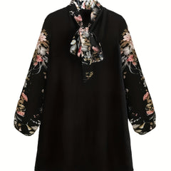 Dress Women's Plus Colorblock Floral Print Lantern Sleeve Tie Neck In