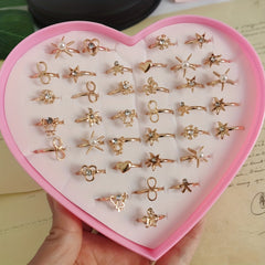 5pcs Kids Bow Heart Adjustable Alloy Golden Hollow Out Ring