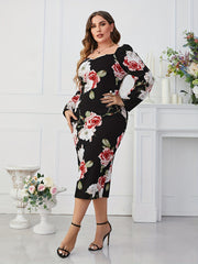 Floral Print Puff Sleeve Midi Dress