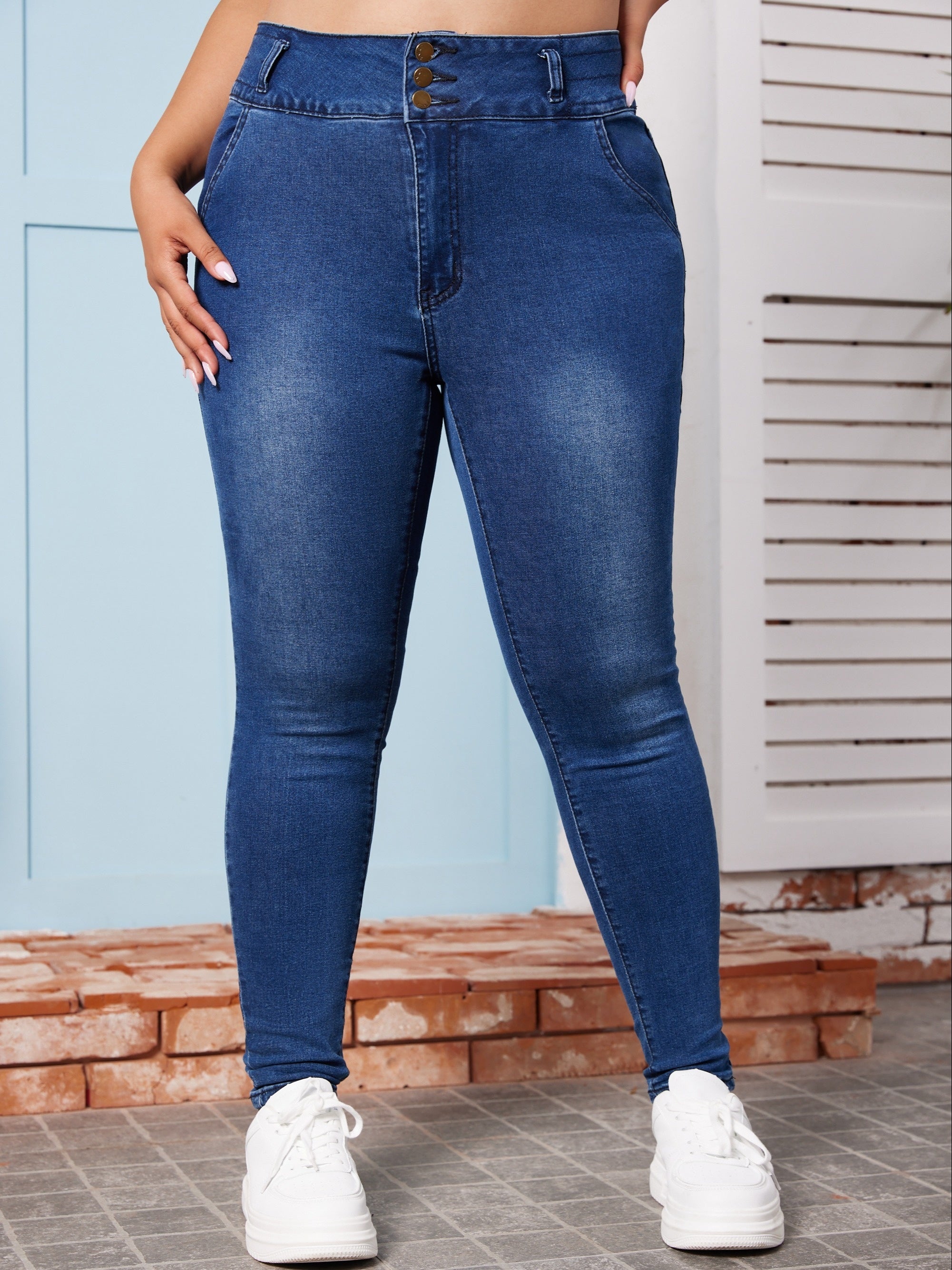 High Waisted Button Fly Stretchy Denim Pants