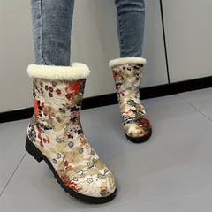 Women's Plush Snow Boots Mid Calf Comfortable Outdoor Sneakers