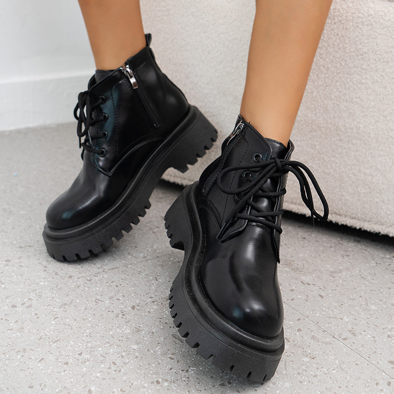 Women's Block Heeled Platform Combat Boots Side Zipper Fashion Boots
