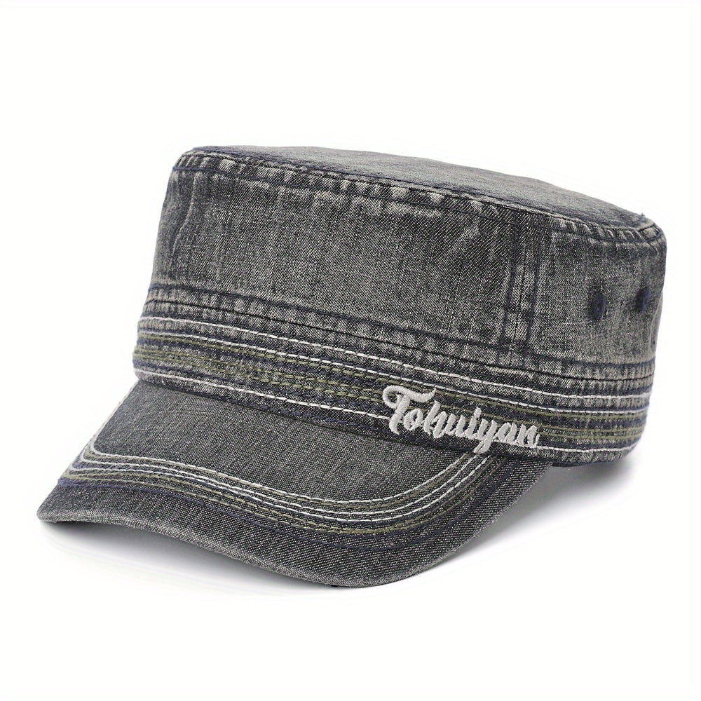 Washed Denim Military Cap Embroidered Army Hat Women Flat Top Cadet Hats