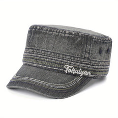 Washed Denim Military Cap Embroidered Army Hat Women Flat Top Cadet Hats