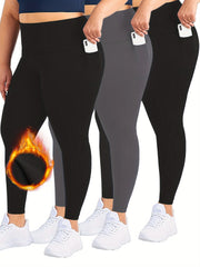 3 Pack Plus Size Casual Leggings Set Women's Plus Solid Liner Fleece Wideban...