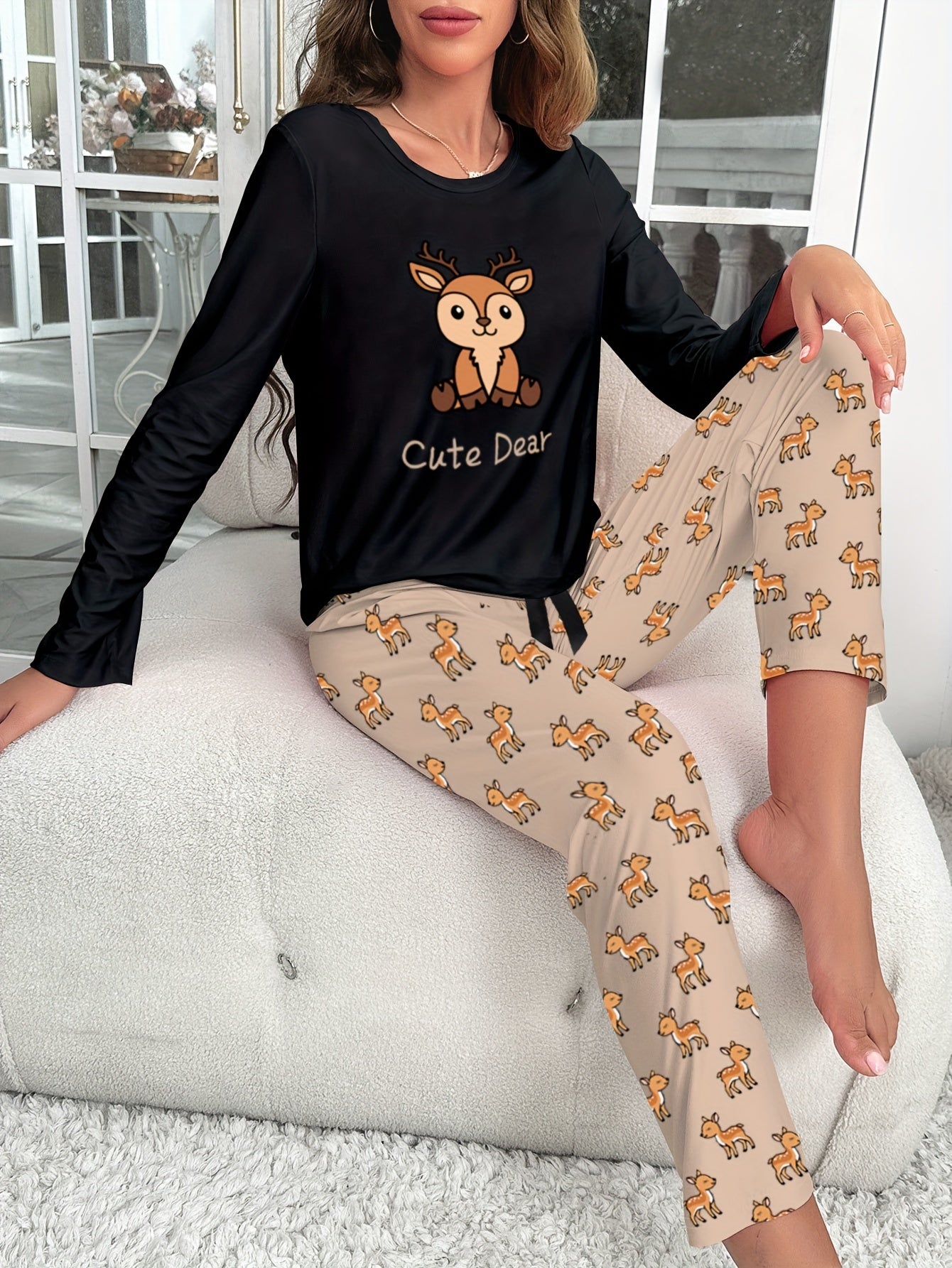 Cartoon Deer Print Pajama Set Long Sleeve Top & Pants