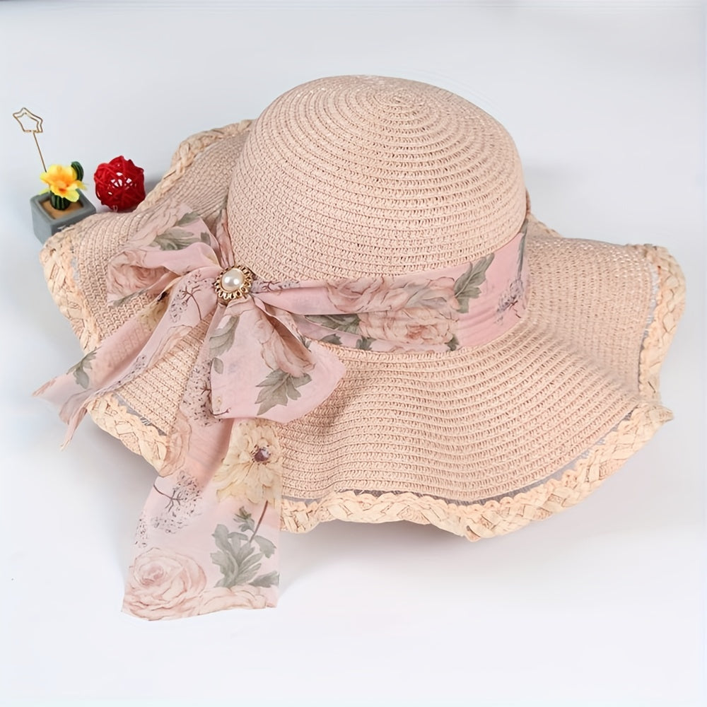 Floral Bow Decor Sun Hat Ruffles Wide Brim Floppy Straw Hat