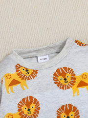 Lion Print Boys Sweatshirt Long Sleeve Crew Neck Tops