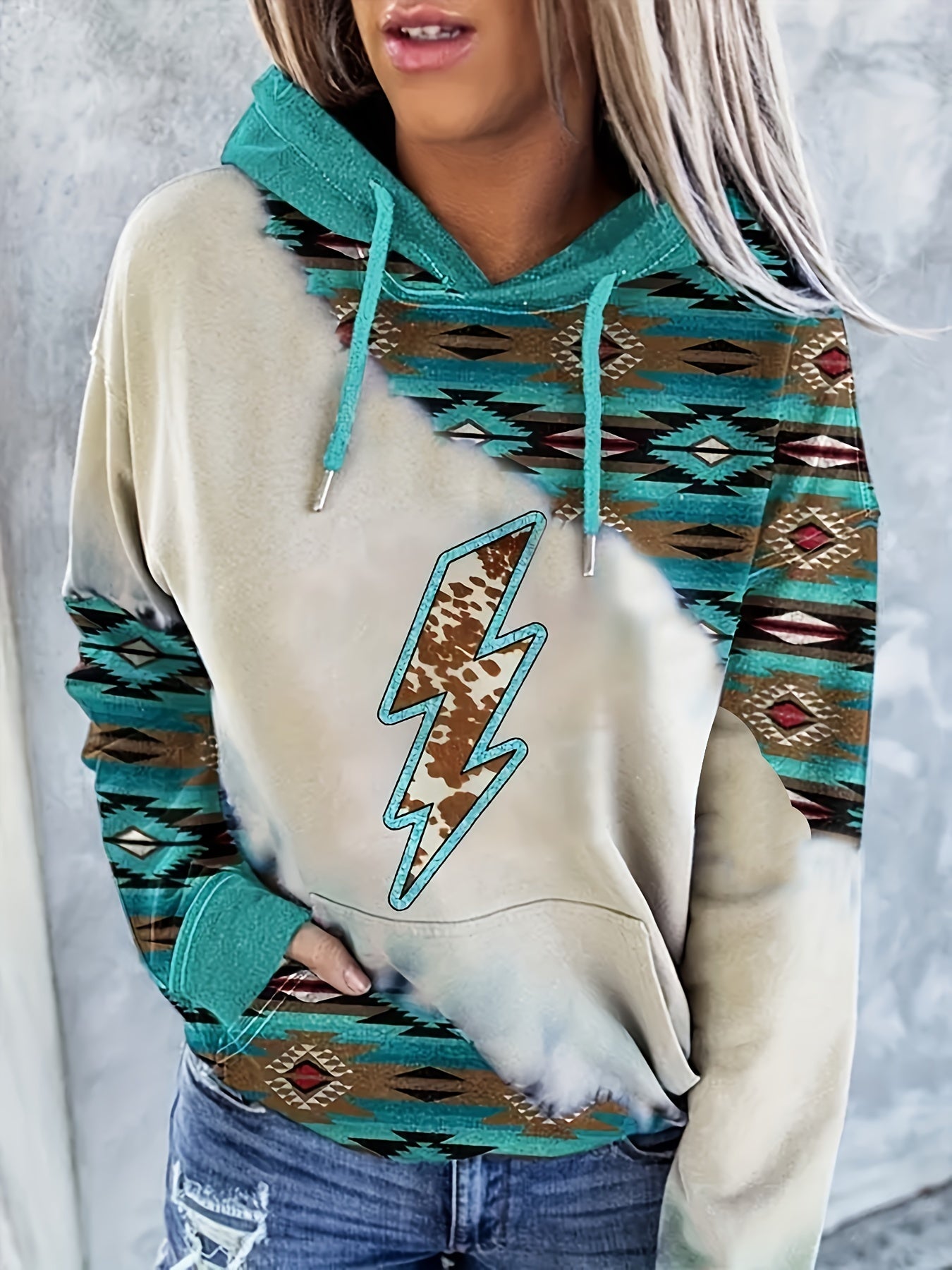 Ethnic Print Kangaroo Pocket Hoodie Women's Sweatshirt