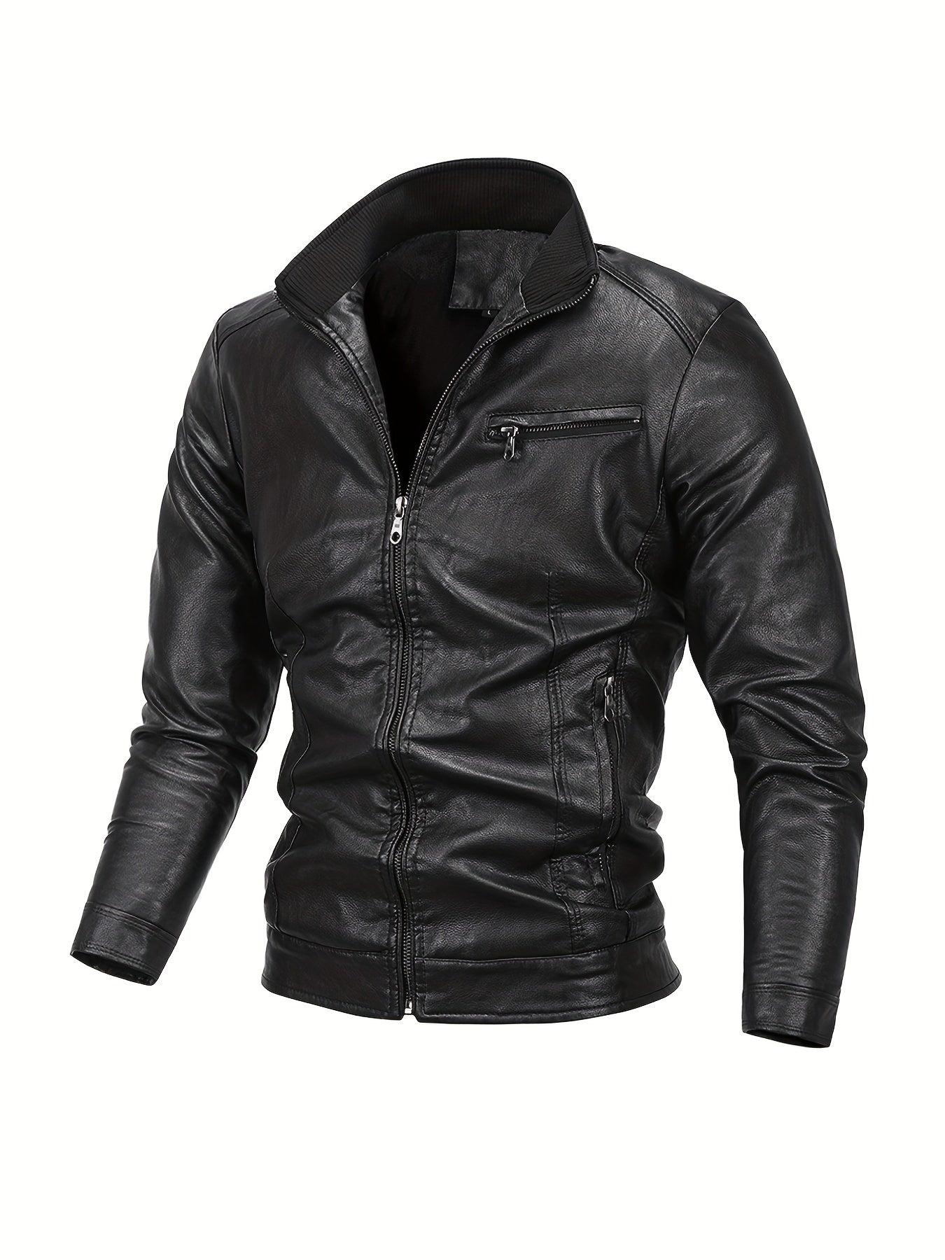 Men's Casual Stand Collar Faux Leather Jacket for Spring Fall